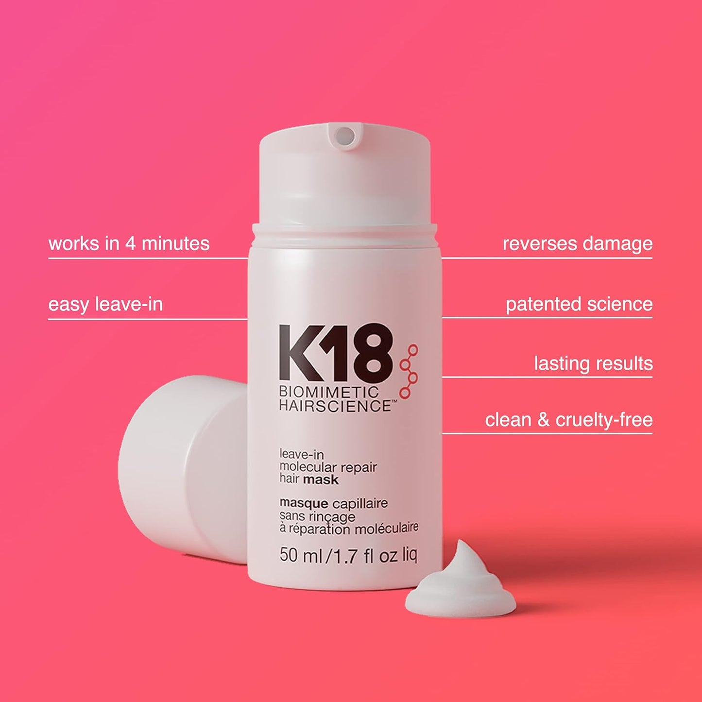 K18 Leave-In Molecular Hair Mask, Repairs Dry or Damaged Hair, Reverse Hair Damage from Bleach, Color, Chemical Services & Heat