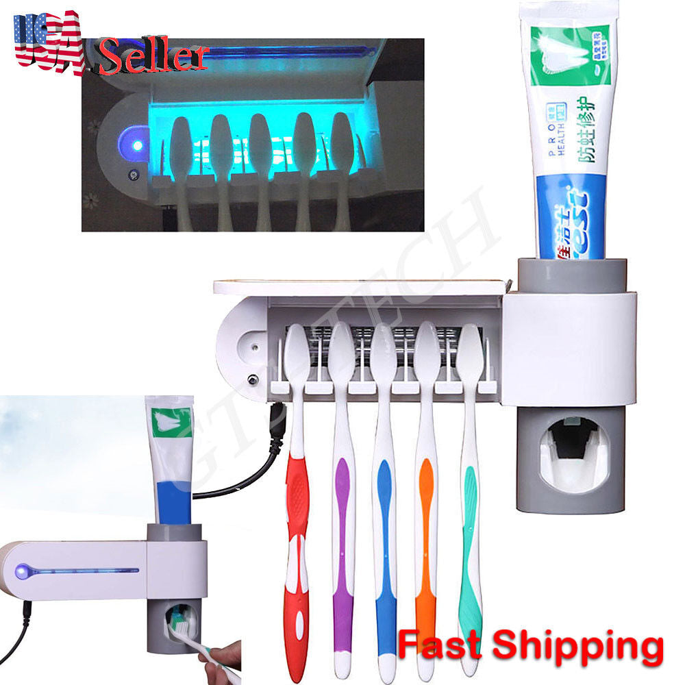 UV Light Sterilizer Toothbrush Holder Cleaner & Automatic Toothpaste Dispenser